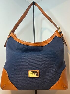 MICHAEL Michael Kors Millbrook Large Hobo Shoulder Bag Blue Camel Leather Trim